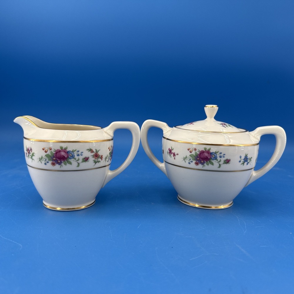 Vintage Lenox Rose J-300 Floral Sugar Bowl with Lid Creamer Set Mint Condition